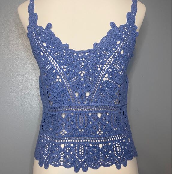 Small Blue Summer Sling Crop Tank Top Crochet Knitted Coverup Scalloped Boho - Picture 7 of 7